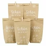 BOFUNX 12pcs Geschenktüten Set schön dass du da bist - Dankeschön Kraftpapiertüten+12pcs Holzklämmerchen+12pcs Aufklebern zum Verpacken für Einschulung Hochzeit Geburtstag Taufe Konfirmation Kommunion