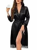 Lovasy Satin Bademantel Damen Lang Kimono Japanisch Morgenmantel für Damen Manschetten aus Spitze Braut Bademantel Hochzeit Party mit Gürtel,Schwarz,L