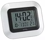 Technoline WS 8005 Funkwanduhr DCF77 Funkuhr mit Innenthermometer | Datum | Wochentag | Mondphase | Wecker mit Snooze | Großes LCD-Display | 12/24h Anzeige | Silber