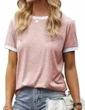 Fisoew Damen T Shirt Kurzarm Farbe Block Rundhals Basic Sommer Top(Hellrosa,L)