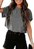 Tankaneo Crop Tops Damen Oversize Sport Oberteile Cropped Shirts Rundhals Loose Bauchfrei Sommertop Kurz T-Shirts.Grau.M