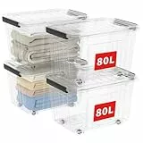 Cetomo 80L*4 Aufbewahrungsboxen, Rillen-verstärkte Kunststoffboxen mit Rollen & Deckeln, Stapelbare Aufbewahrungskiste, Ordnungsboxen für Zuhause und Büro, PP, Transparent, 80L (4er Pack)