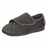 HomeTop Herren Cord Hausschuhe Bequem Verstellbar Haken und Schlaufe Memory Schaum Extra Breit Innen Pantoffeln für Diabetiker Senior mit Ödem Geschwollene Füße Dunkelgrau, 44 EU