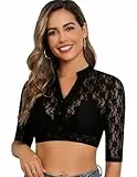 Zeagoo Dirndlbluse Damen Spitze Dirndl Bluse Elegant V Ausschnitt Oktoberfest Halbarm Spitzenbluse Trachtenbluse Schwarz L