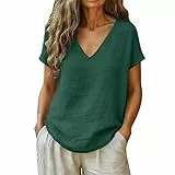 AACH Leinenbluse Damen Sommer Tshirt Elegant Baumwolle Leinen Bluse V-Ausschnitt Casual Leinenshirt Lose Kurzarm Blusen Einfarbig Tunika Tops Leicht Luftig Blusenshirt Musselin Oberteile