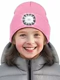 SPGOOD Wiederaufladbare mütze mit LED licht für Kinder, für Jungen und Mädchen, abnehmbare und waschbare warme beleuchtete mütze mit Lampe für den Winter im Freien(A-Rosa)
