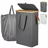 Yamagahome 52L Schmaler Wäschekorb mit Deckel, Slim Wäschesammler mit Wäschesack und 5 Gummifüße, Faltbarer Wäschetruhe aus Bambus und Wasserdichter Stoff für Apartment, Wohnheim und Wohnwagen
