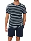 Jahetuul Schlafanzüge für Herren mit Kontraststreifen Design Schlafanzug Herren Pyjama Set aus Baumwolle Sommer mit Rundhalsausschnitt Nachtwäsche Set Männer