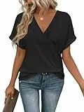 Cuptacc Tops für Damen V-Ausschnitt Kurzarm Schwarze Tshirt Sexy Locker Tunika Bluse Damen Elegant Schwarz, XXL 50-54