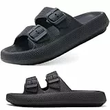 VEXITO Wolkenschuhe Damen Mit Schnallen Riemen weich Fußbett Verstellbar Sandalen Herren Sommer Hausschuhe Schlappen Buckle Badeschuhe Pantoletten Schuhe Schwarz Gr. 42-43