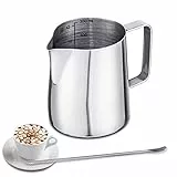 Emsmil 350ml Edelstahl Milchkännchen Kit mit Messung Mark und Latte Art Stift Silber Klein Milchaufschäumer Kännchen Milchkanne Barista Sahnekännchen Aufschäumkännchen für Espresso Cappuccino