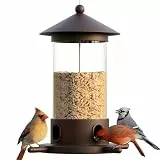 MrCrafts Vogelfutterstation aus Metall zum Aufhängen im Freien – Premium Eisen-Wildvogel-Futterspender, Bronze-Schwerlasteisen mit Drainagelöchern, Einhand-Nachfüll-Schiebedach, elegante