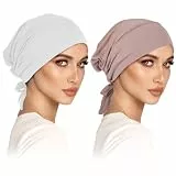 2er Turban Damen Frauen Undercap Hijab Cap Unterschal Mütze Islamische Muslimische mit Tie Back Solid Color Hijab Mütze Kopfbedeckung Kopftuch (Weiß, Helles Khaki)
