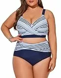 Hanna Nikole Push Up Bikini Set Weibchen Übergröße Hohe Taille Floral Badekleid Marineblaue Streifen 46