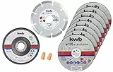 kwb Trennscheiben-Set, 10-teilig, Dünntrennscheiben, Diamanttrennscheibe, Schleifmopteller, Ø 125 mm, für Winkelschleifer, vielseitige Anwendung, praktische Aufbewahrungsdose, inkl. Gehörschutzstöpsel