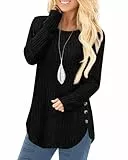 Tanmolo Damen Pullover Herbst Elegant Oberteile Langarm Strickpullover mit Knopfdetail und Kabelstruktur Leichter Arc-Saum Rundhals Pulli Schwarz, M