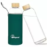 Bugucat Glasflasche 1 Liter, Trinkflasche Aus Borosilikat Mit Schutzhülle, Auslaufsichere Wasserflasche für Kalte Und Heiße Getränke, Karaffe für Büro, Schule, Sport, Dunkelgrün