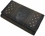 myledershop Große Büffel-Vollleder Damen Geldbörse/Geldbeutel/Portemonnaie/Geldtasche mit Totenkopf-Motiv mit RFID & NFC Schutz (Vintage-Grau)