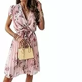 Neues Kleid mit Plissierung und weiten Ärmeln in der Taille und Blumenmuster - Aprikose - M