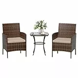 Amopatio Rattan Gartenmöbel Set, Balkonmöbel Set Kleiner 3 teilig, Outdoor Gartenlounge Wetterfest, Bistrotisch mit 2 stühlen, Terrassenmöbel für Terrasse, Balkon, Garten, Braun