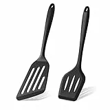 Onader Pfannenwender 2er Set, Silikon Küchenhelfer mit Schlitzwender zum Braten Wenden, Antihaft Spatula Bratwender für Fisch & Fleisch, Hitzebeständig Küchenutensilien, Spülmaschinenfest, Schwarz