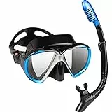 Schnorchelset Erwachsene Schnorchelausrüstung Anti-Beschlag-Panorama-Tauchmaske und Trockenschnorchel Anti-Leck Schnorchelmaske für Freitauchen, Schnorcheln, Schwimmen (Blauer Satz)