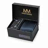 Massi Morino Krawatte Dunkelblau mit Einstecktuch Set Herren inkl. Manschettenknöpfe, Krawattennadel und Geschenkbox | Männer Krawattenset zur Hochzeit