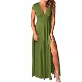Abendkleid Damen Lange -Abendkleid Elegant Lang mit Schlitz Damen Maxikleid mit tiefem V Ausschnitt kurzen Ärmeln Lange Kleider plissiert hohe Taille Schlitz Club Party Abend