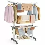 SONGMICS Wäscheständer, Standtrockner 4 Ebenen, Flügelwäscheständer, klappbare Flügel, mit Rollen, 63,5 x 128 x 173 cm, groß, einfacher Aufbau, für Innen- und Außenbereich, weiß LLR701W01