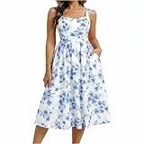 Belle Poque Maxi-Sommerkleid, ärmellos, geblümt, mit eckigem Ausschnitt, gerafften Trägern und A-Linien-Schnitt, Sommer-Strandkleid Weiß Blau Blumen S