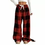 HSUAYEUD Damen Schlafanzughose Weich Pyjamahose Lang Stretch Drawstring Hosen leopard Freizeithose Flanell Pyjama Damen Weites Bein Hose Rot S