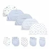 Chamie Baby-Mütze und Fäustlinge, Set für Neugeborene,für Babys, Jungen und Mädchen, 0–6 Monate, 100% Baumwolle (Blau)
