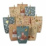 Papierdrachen Adventskalender 2025 zum Befüllen - 24 braune & petrolfarbene bedruckte Geschenktüten mit Zahlenaufklebern & Klammern - Weihnachten