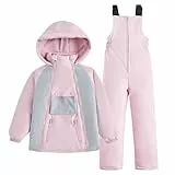 JiAmy Zweiteiliger Schneeanzug für Kinder, Skianzug mit Kapuze mit Praktische Taschen Winddicht Warme Skijacke + Skihose für 6-8 Jahre