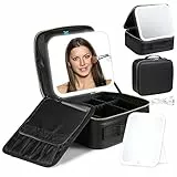 Luxspire Make-up-Koffer, Kosmetikkoffer mit abnehmbarem beleuchteten Spiegel, tragbare Kosmetiktasche für Frauen, professionelle Kosmetiktasche mit verstellbaren Trennwänden, Schwarz
