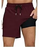 outfit spring Badehose Herren Schnelltrocknend mit Reißverschlusstasche, 2-in-1 Badeshorts für Herren mit Kompressions-Innenhose, Boardshorts Männer für Strand, Pool & TrainingC0 Bordeaux, L