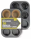 Bake Choice 2 Pack Jumbo Muffin Backform, mit 50 Natürlicher Jumbo Muffinförmchen Papier, 6-Fach Antihaft-Muffinform, Backform Set aus Kohlenstoffstahl