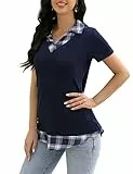 KOJOOIN Damen Bluse Oberteil mit Hemdkragen Kurzarm Farbblock Hemdbluse mit V-Ausschnitt Hemd Dunkelblau kariert S