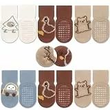 Exemaba 6 Paare Baby Anti Rutsch Socken Dicke Kleinkinder Warme Wintersocken Stoppersocken ABS Rutschfeste Socken(Blaues Auto, M/1-3 Jahre)