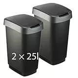 Rotho Twist 2er-Set Mülleimer mit Deckel 25l | Abfalleimer Küche und Recycling Center | mit Schwingdeckel und Klappdeckel | schmal & platzsparend | leicht zu reinigen | schwarz/anthrazit