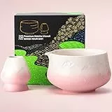 TEANAGOO Matcha Schale mit Ausgießer,2-Pcs Fuji Design Keramik Schale und Schneebesen Halter(chawan),18.9oz/560ml Rosa Matcha Schale mit Ständer, Geschenk-Set für Freund/Familie