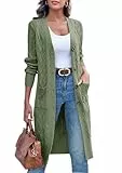 Imily Bela Strickjacke Damen Lang Zopfmuster Open Front Cardigan Langarm Herbst Winter Strickcardigan mit Taschen(Armee grün,XL)