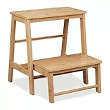 Relaxdays Tritthocker, klappbar, 2 Stufen, bis 100 kg, Kinder, Haushalt, HBT 48 x 45 x 51 cm, Bambus Klapphocker, Natur