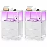 Yornoli Nachttisch 2er Set mit LED & Ladefunktion, Beistelltisch mit Schublade, Nachttische mit 3 AC-Anschlüsse & 2 USB-Anschlüssen, Beistelltische fürs Wohnzimmer, Schlafzimmer, Weiß