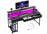 Seventable Schreibtisch mit Schubladen, Computertisch mit Steckdosen & LED, Gaming Tisch mit Monitorständer, Regal & 2 Haken, Gaming Schreibtisch für Büro, Wohnzimmer (Schwarz, 137 cm)
