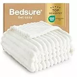 BEDSURE Kuscheldecke - Wolldecke & Fleecedecke, Sofadecke, Weiche Warme Grobe Korddecke für Zimmer Deko, Wohn- & Kuscheldecken, Tagesdecke, Wollweiß, 150 x 200 cm