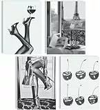 mojoliving Fashion Poster Set 4er Set Schwarz Weiß Wandbilder Mode Frauen Wein Paris Kirschen A4 Kunstdrucke elegant modern Wanddeko Schlafzimmer Ankleidezimmer Café Deko