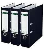Leitz Qualitäts-Ordner 180° Plastik, 3er Pack, das Original, A4 Aktenordner 8 cm breit, 90% Recycling-Karton, 30% Pre-Consumer Recycling-Kunststoff, 180° Mechanik, 600 Blatt, Schwarz, 310335095