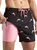 Arcweg Badehose für Herren Badeshorts mit Kompression Liner 2 in 1 Schnelltrocknend Strandhose Männer Elastisch Surf Shorts mit Reißverschlusstaschen Schwarz-Rosa Hai M(EU)