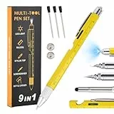 9 In 1 Multifunktions Kugelschreiber, Metall Druckkugelschreiber, Stift Geschenke für Männer, Taktischer Stift mit LED für Herren Vatertag Geschenk, Weihnachts (Gelb)